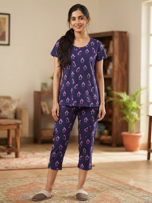 Navy Blue Penguin Print T-Shirt and 3/4th Coords