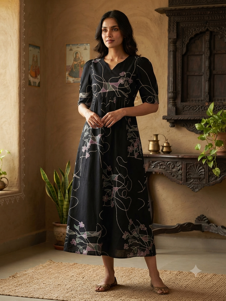 Midnight Black Twilight Floral Vine Budget Friendly Frock