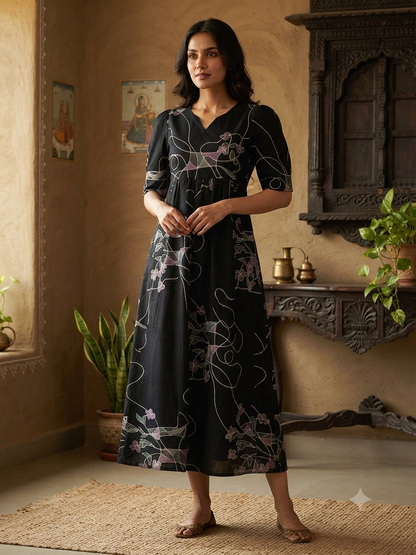 Midnight Black Twilight Floral Vine Budget Friendly Frock
