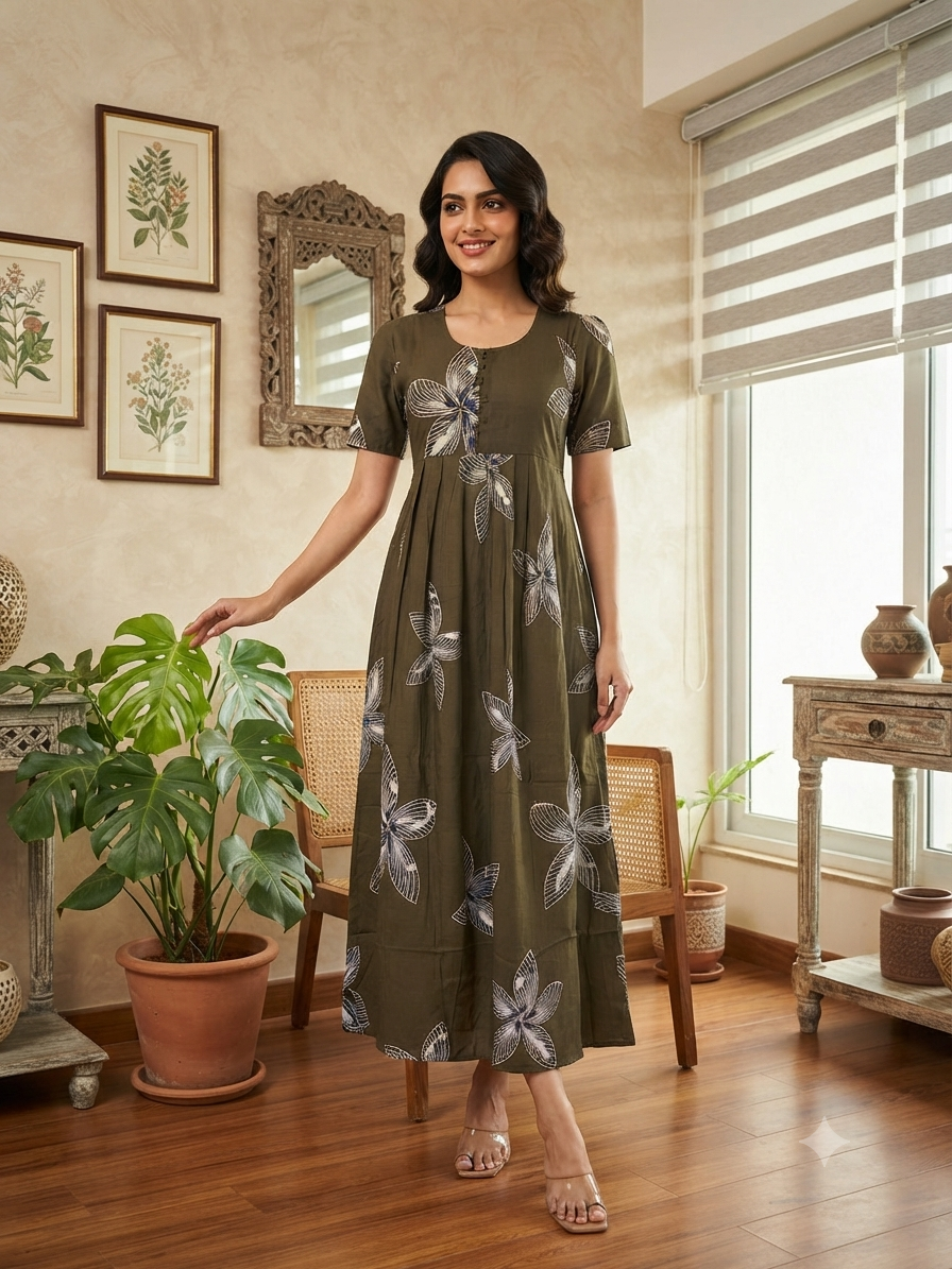 Olive Green Ivory Bloom Budget Friendly Frock