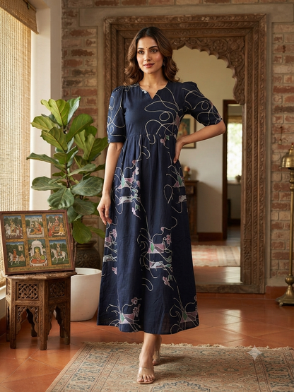 Midnight Navy Twilight Floral Vine Budget Friendly Frock