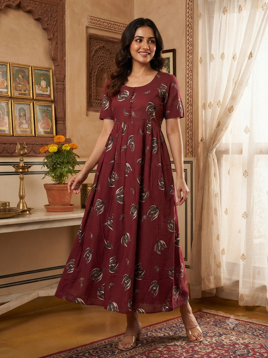 Rustic Maroon Vintage Leaf Budget Friendly Frock