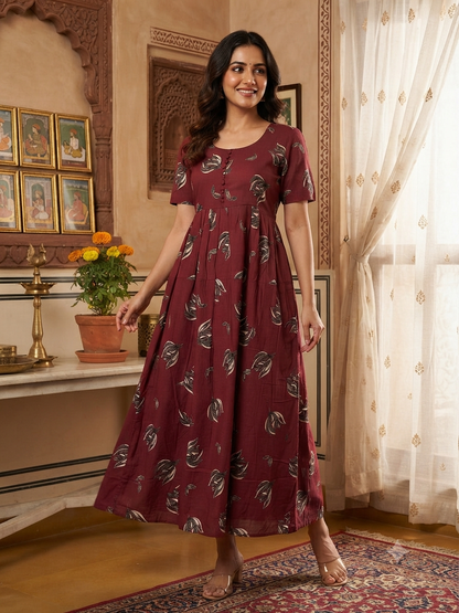 Rustic Maroon Vintage Leaf Budget Friendly Frock