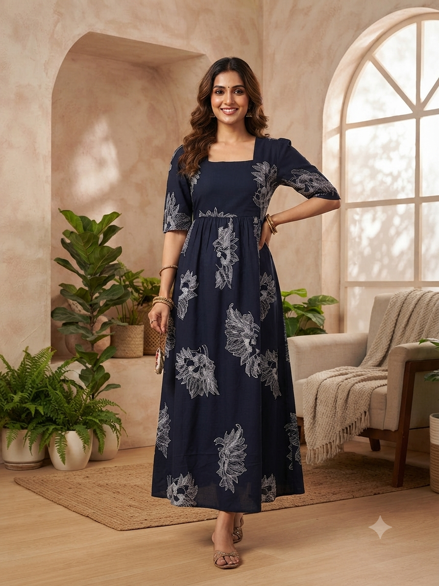 Deep Navy Blue Silver Bloom Budget Friendly Frock