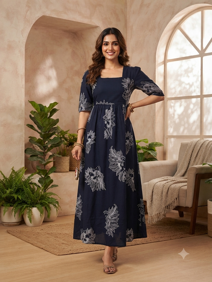 Deep Navy Blue Silver Bloom Budget Friendly Frock