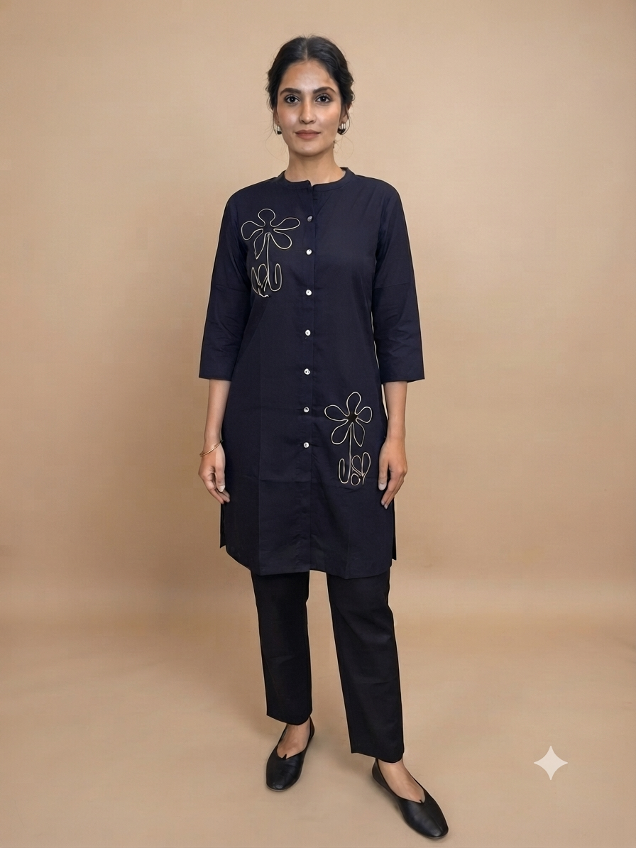 Midnight Navy Minimal Floral Line Art Cotton Co-ords