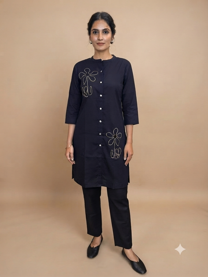 Midnight Navy Minimal Floral Line Art Cotton Co-ords