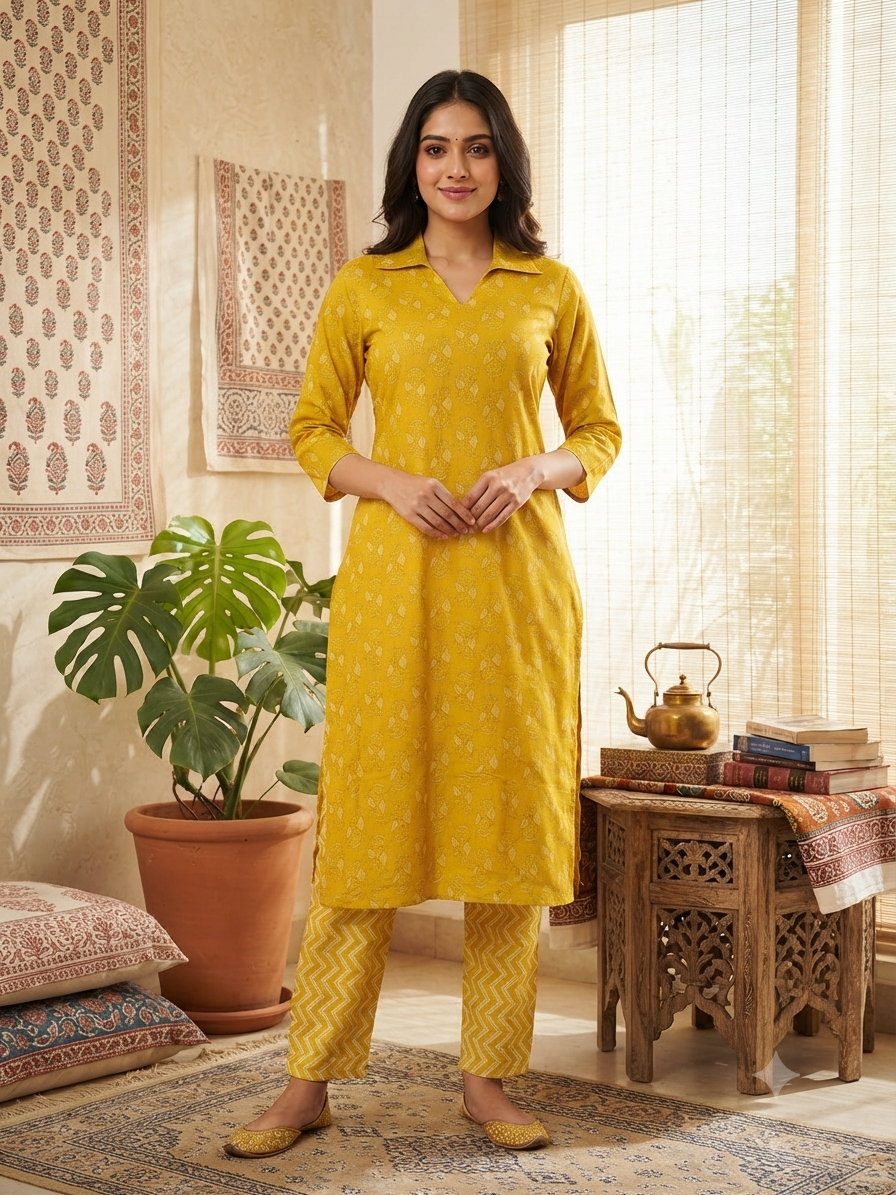 Mustard Leaf Buti Printed Cotton Co-ord Set
