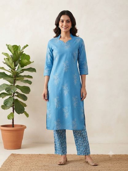 Sky Blue Floral Buti Printed Cotton Co-ord Set
