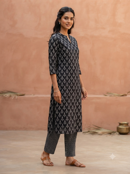 Charcoal Black Leaf Buti Printed Cotton Co-ord Set