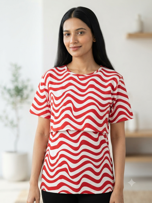 Cherry Red Wavy Stripe Print Feeding Maternity T-Shirt