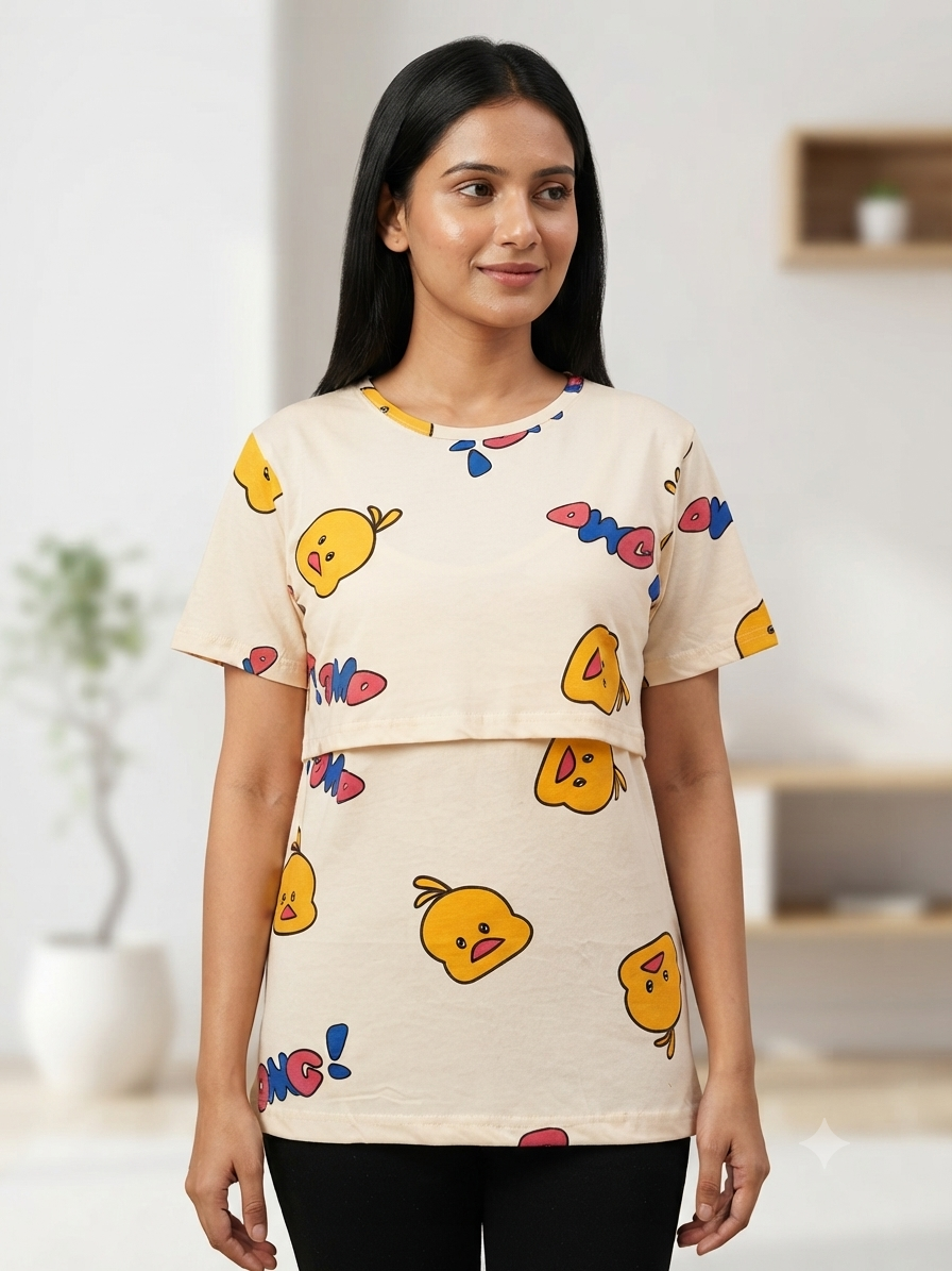 Soft Ivory Happy Chick Doodle Print Feeding Maternity T-Shirt