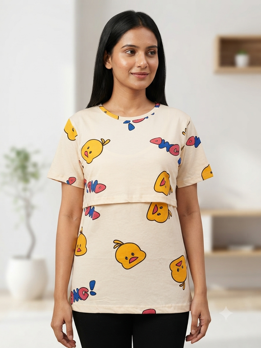 Soft Ivory Happy Chick Doodle Print Feeding Maternity T-Shirt