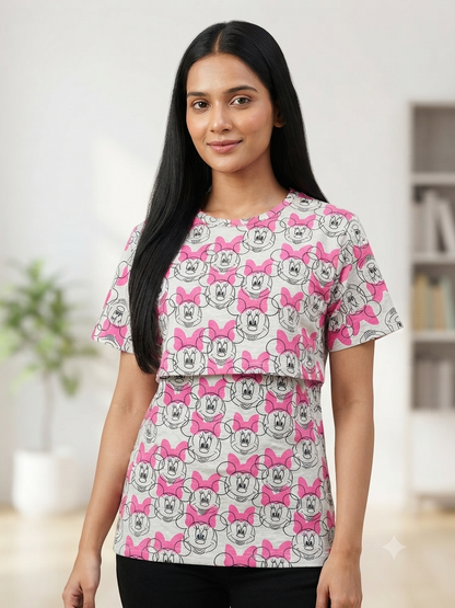 Heather Grey Pink Minnie Cartoon Print Feeding Maternity T-Shirt