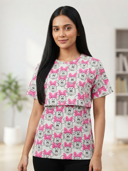 Heather Grey Pink Minnie Cartoon Print Feeding Maternity T-Shirt
