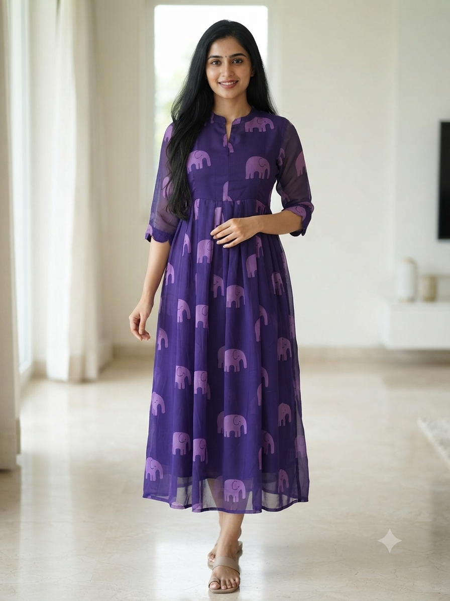 Purple Elephant Print Georgette Center Zip Maxi