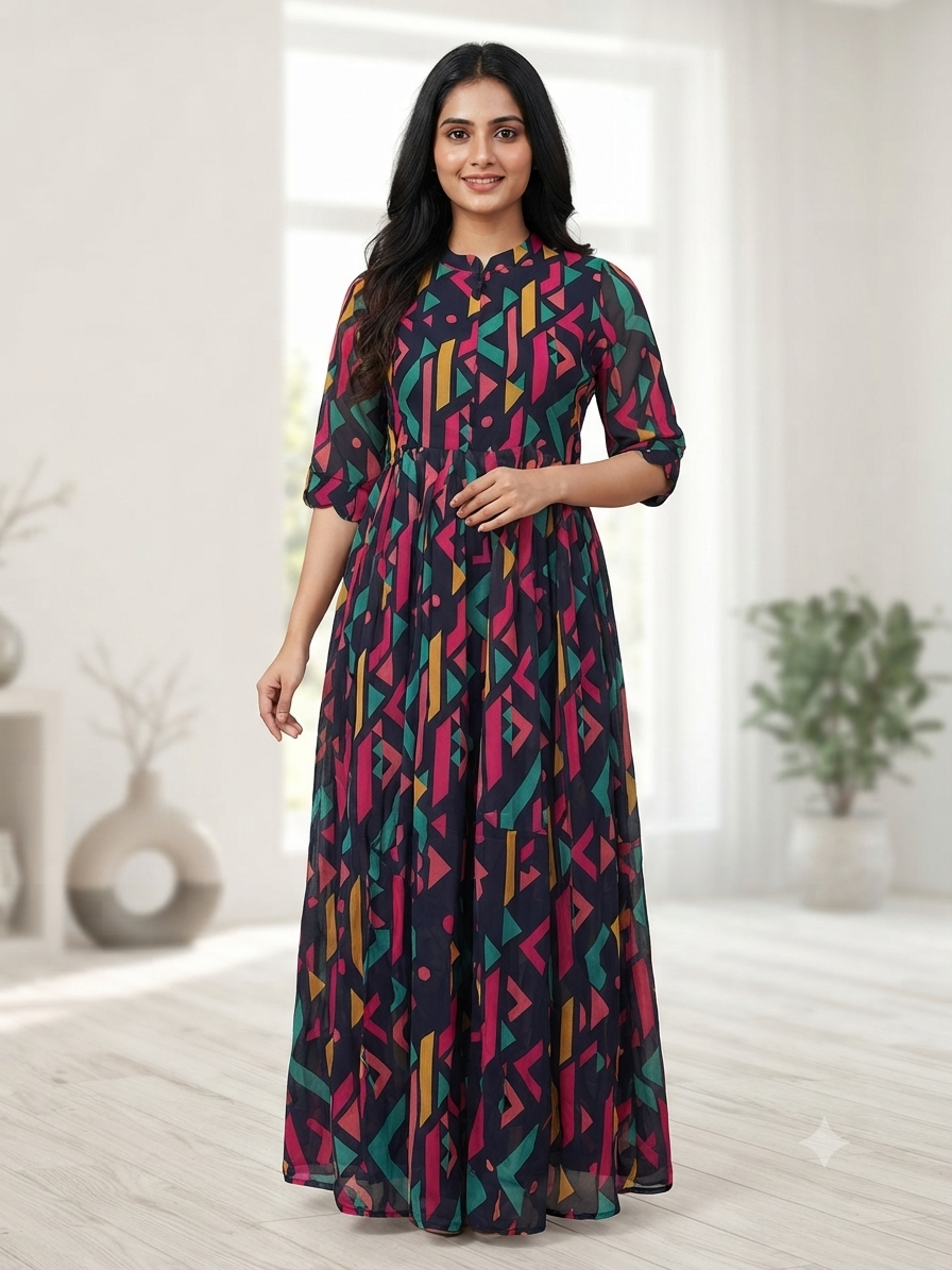 Black Abstract Geometric Print Georgette Center Zip Maxi