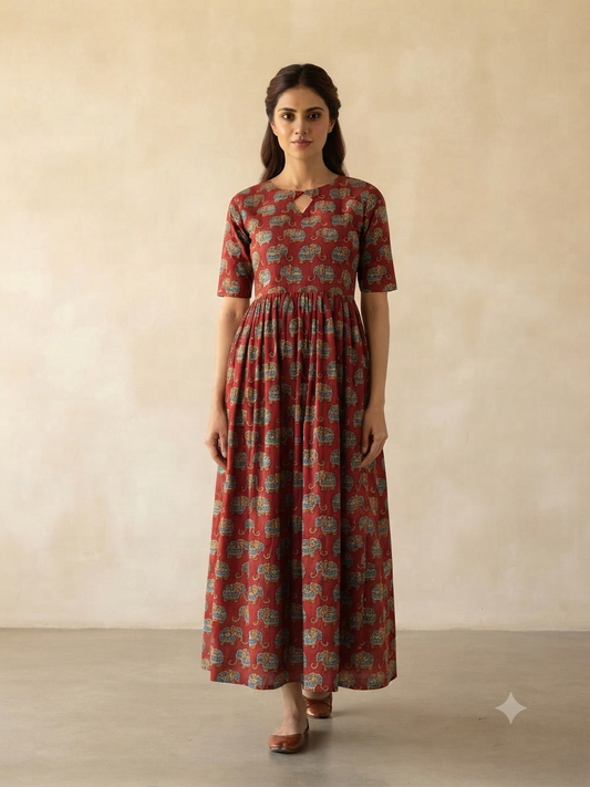 Maroon Elephant Print Non Feeding Centre Zip Maxi