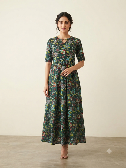 Dark Green Floral Garden Non Feeding Centre Zip Maxi