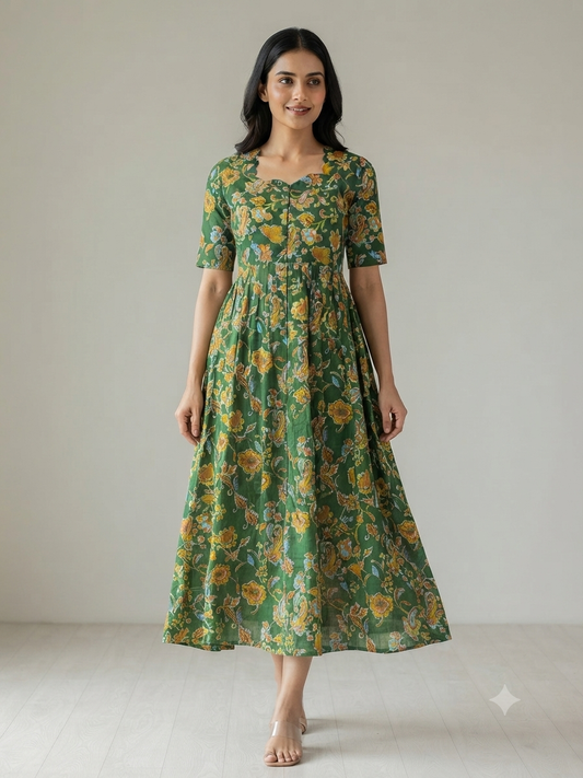 Green Paisley Floral Printed Centre Zip Maxi