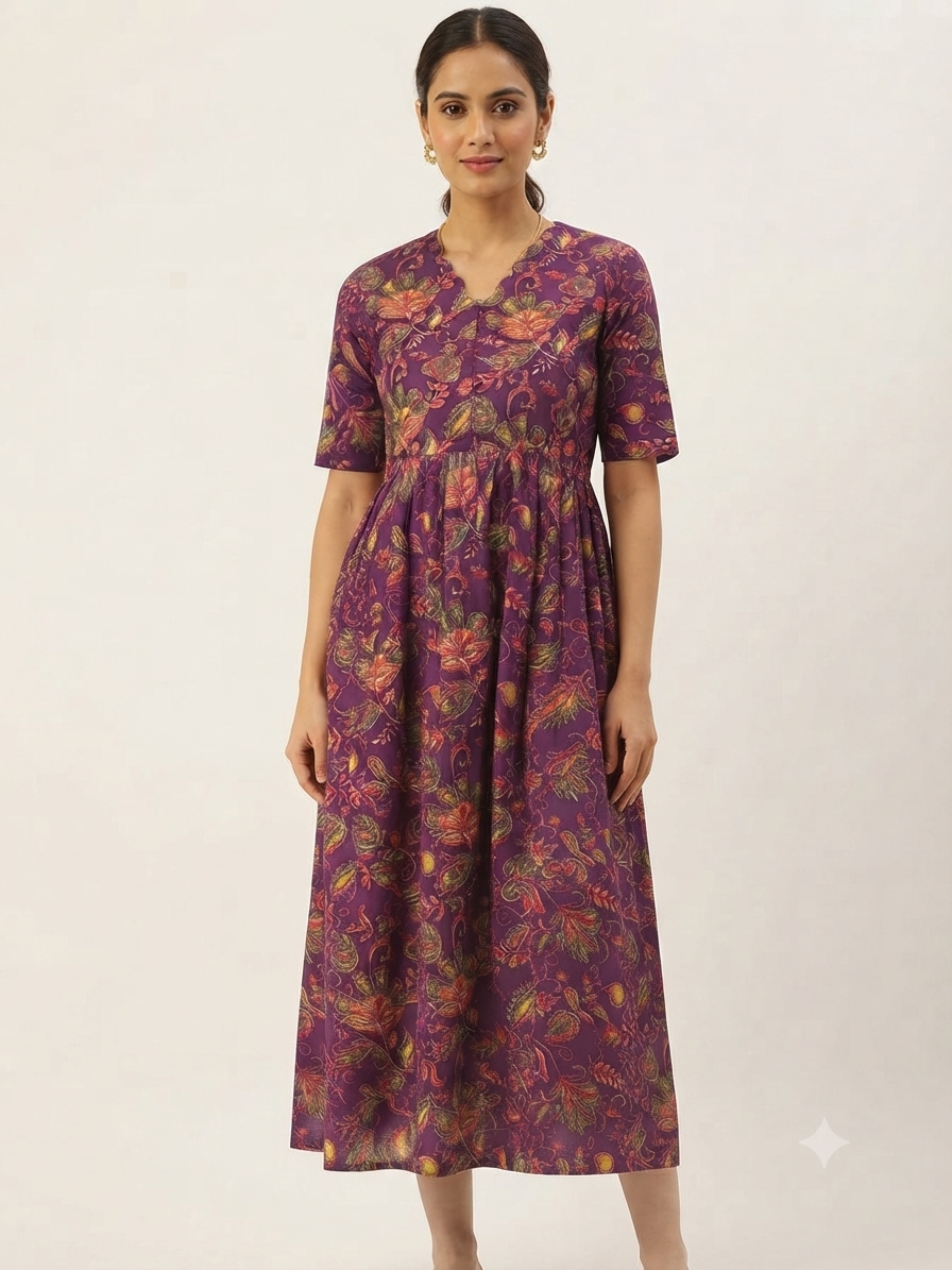 Purple Floral Paisley Printed Centre Zip Maxi
