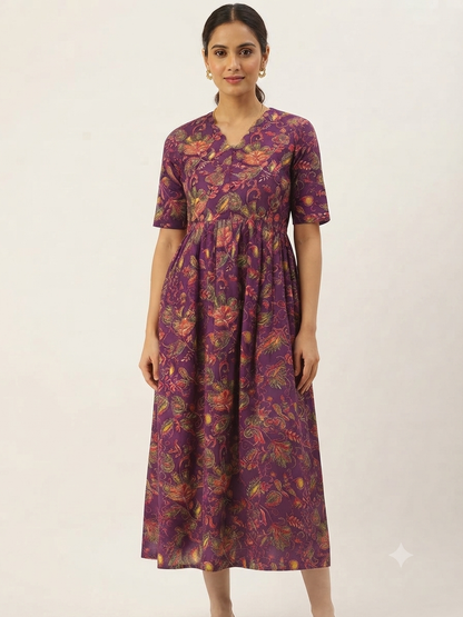 Purple Floral Paisley Printed Centre Zip Maxi