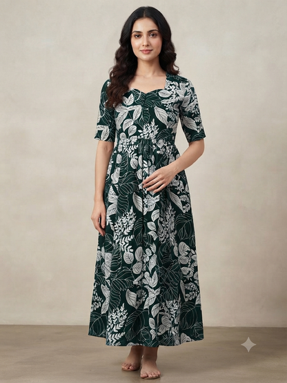 Teal White Tropical Leaf Printed Centre Zip Maxi