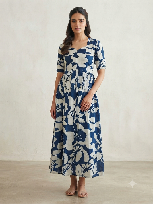 Blue Abstract Floral Printed Centre Zip Maxi