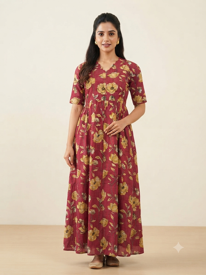 Dusty Rose Beige Floral Printed Centre Zip Maxi