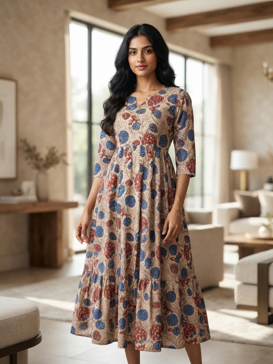 Mul Cotton Fabric Beige Blue Floral Print Non Feeding Maxi