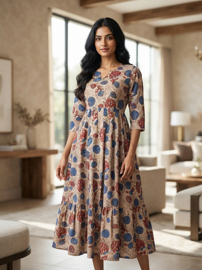 Mul Cotton Fabric Beige Blue Floral Print Non Feeding Maxi