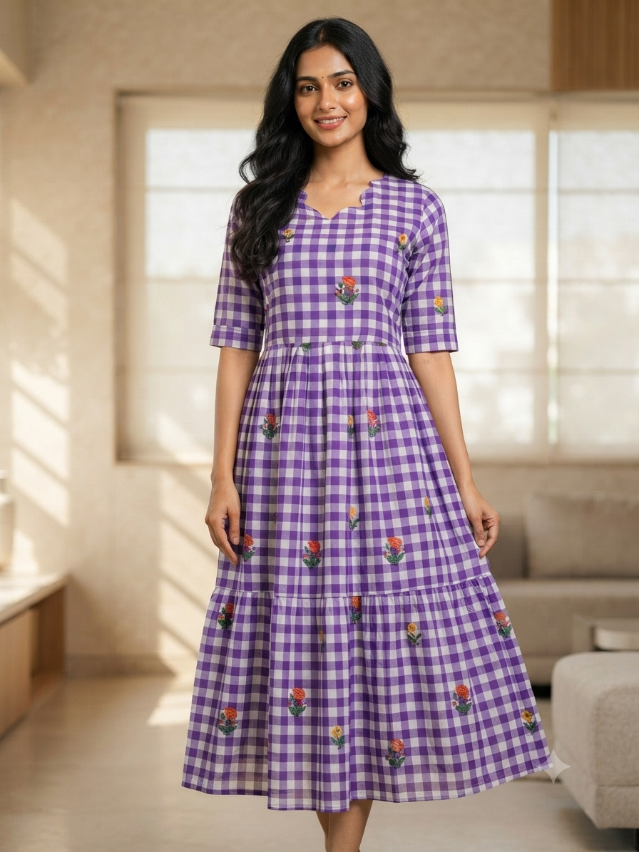Mul Cotton Fabric Lavender Purple Floral Gingham Check Print Non-Feeding Maternity Maxi