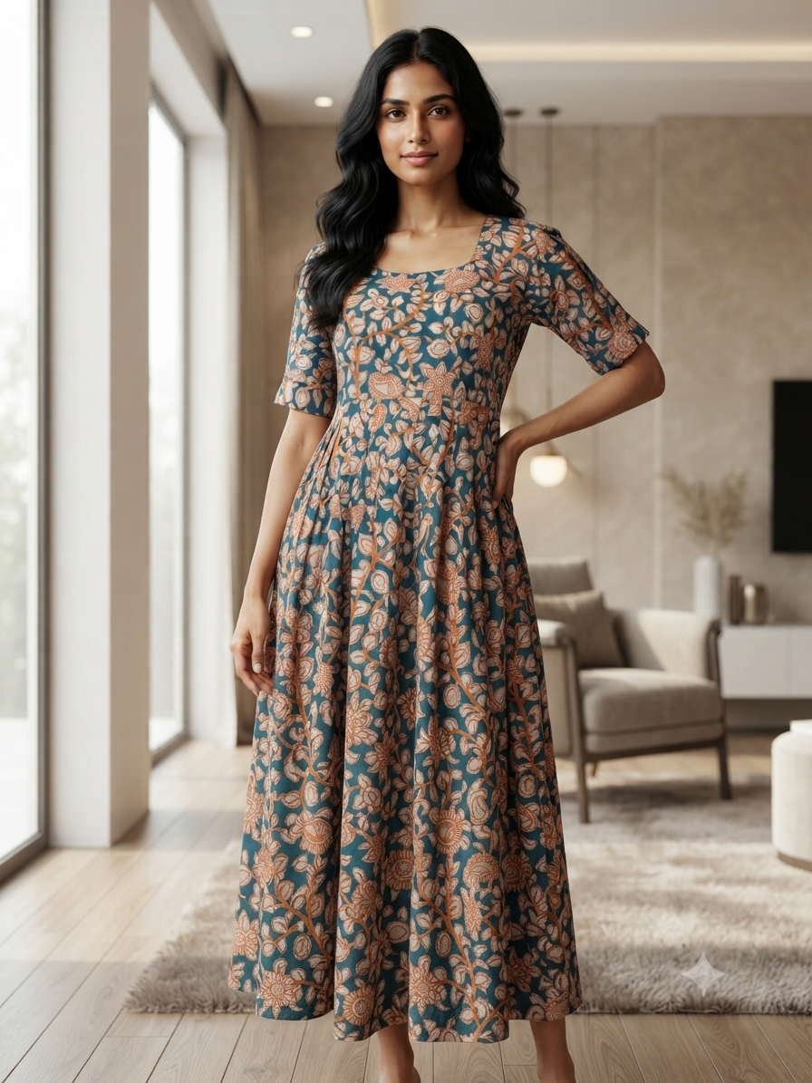 Mul Cotton Fabric Teal Blue Paisley Floral Vine Print Non-Feeding Maternity Maxi