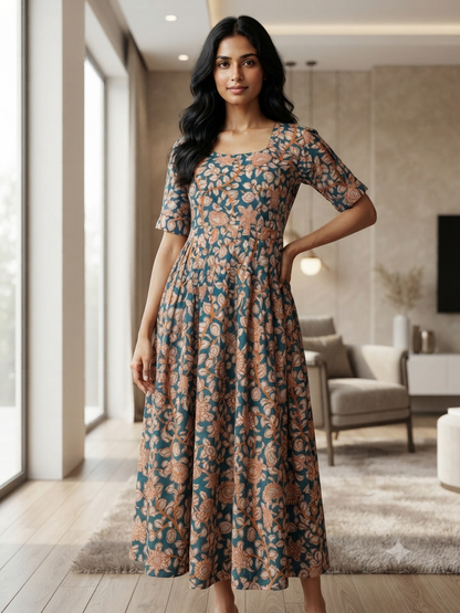 Mul Cotton Fabric Teal Blue Paisley Floral Vine Print Non-Feeding Maternity Maxi