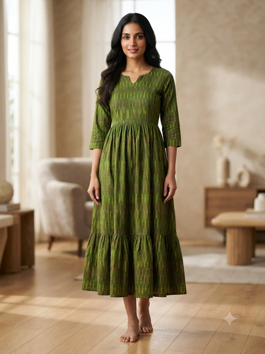 Mul Cotton Fabric Olive Green Ikat Dash Print Non-Feeding Maternity Maxi