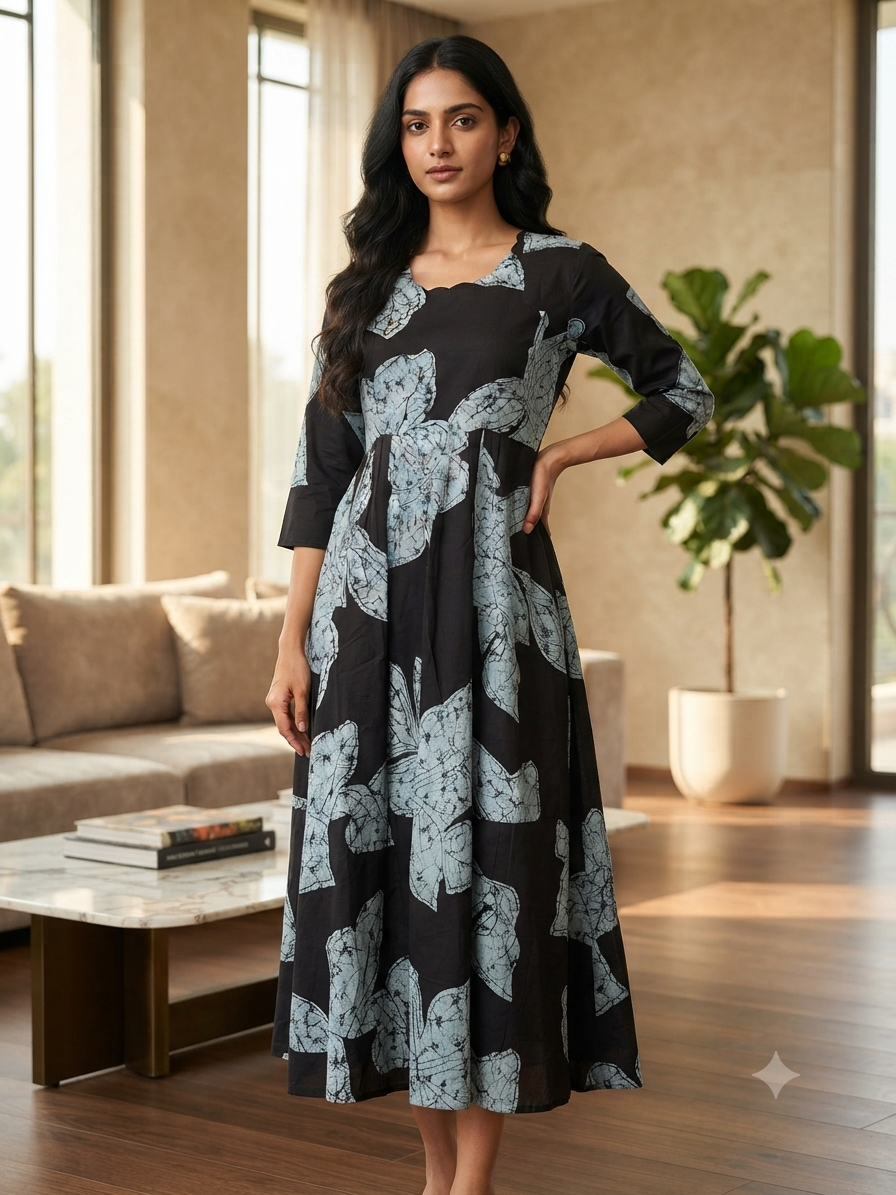 Mul Cotton Fabric Black & White Leaf Print Non-Feeding Maternity Maxi