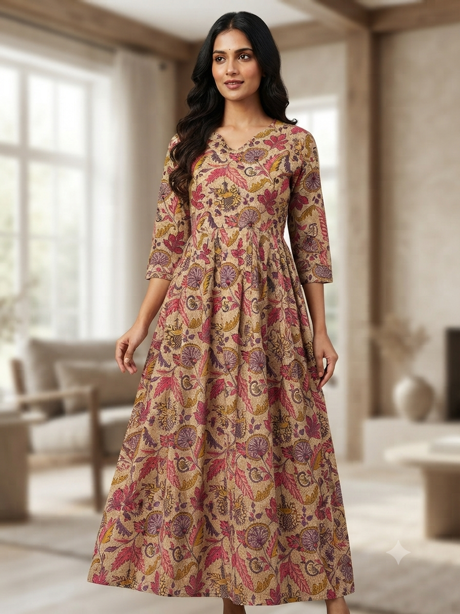 Mul Cotton Fabric Beige Botanical Leaf Print Non Feeding Maxi