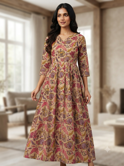 Mul Cotton Fabric Beige Botanical Leaf Print Non Feeding Maxi