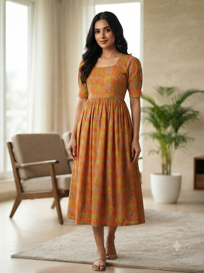 Mul Cotton Fabric Orange Elephant Print Non Feeding Maxi