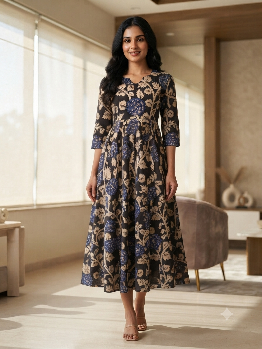 Mul Cotton Fabric Black & Royal Blue Floral Print Non-Feeding Maternity Maxi