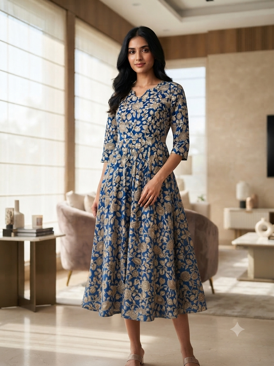 Mul Cotton Fabric Royal Blue Floral Paisley Print Non Feeding Maxi