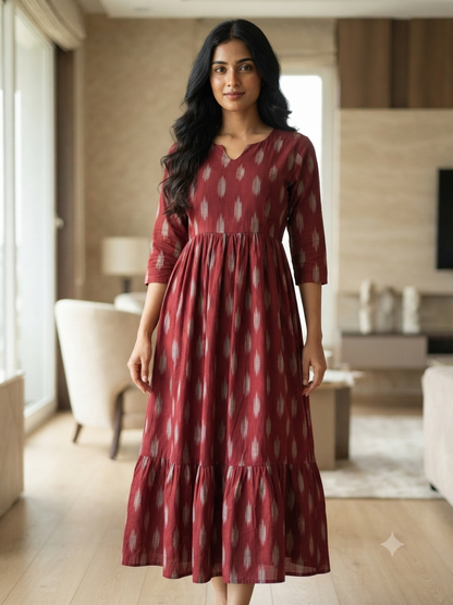 Mul Cotton Fabric Wine Maroon Ivory Ikat Print Non-Feeding Maternity Maxi