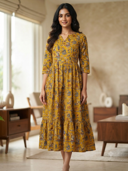 Mul Cotton Fabric Mustard Yellow Folk Art Kalamkari Print Non-Feeding Maternity Maxi