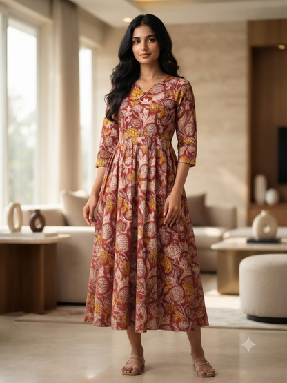 Mul Cotton Fabric Maroon Floral Blossom Print Non Feeding Maxi