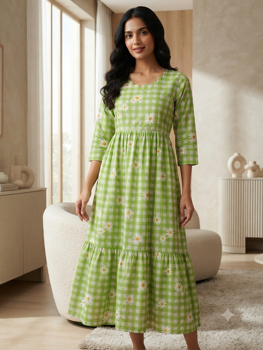 Mul Cotton Fabric Green Checkered Daisy Print Non Feeding Maxi