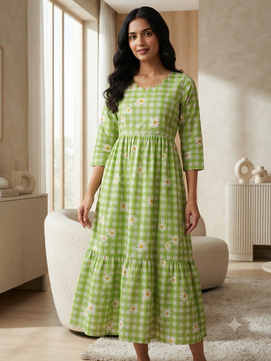 Mul Cotton Fabric Green Checkered Daisy Print Non Feeding Maxi