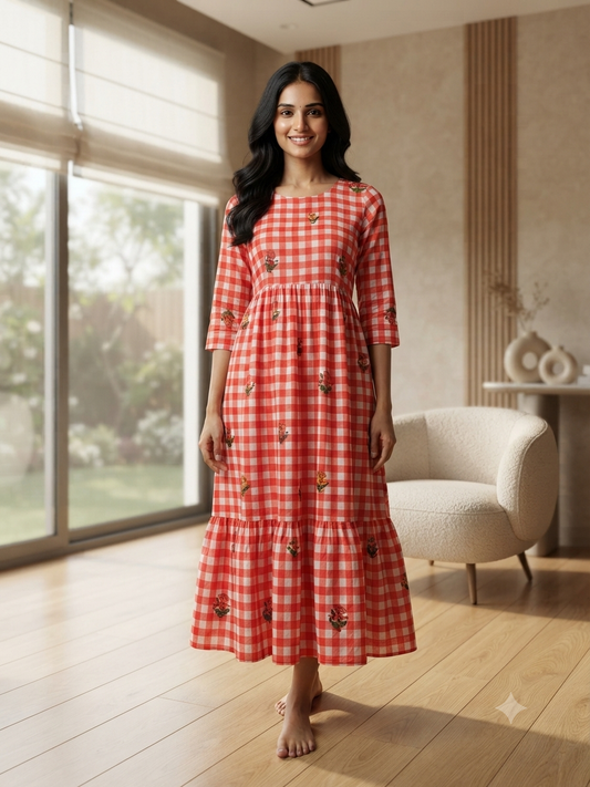Mul Cotton Fabric Coral Orange Floral Gingham Check Print Non-Feeding Maternity Maxi