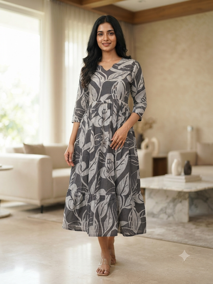 Mul Cotton Fabric Grey Tropical Leaf Print Non Feeding Maxi