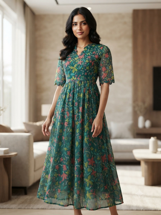 Teal Green Wildflower Meadow Print Non-Feeding Georgette Maxi