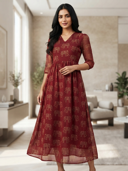 Maroon Elephant Print Non-Feeding Maxi